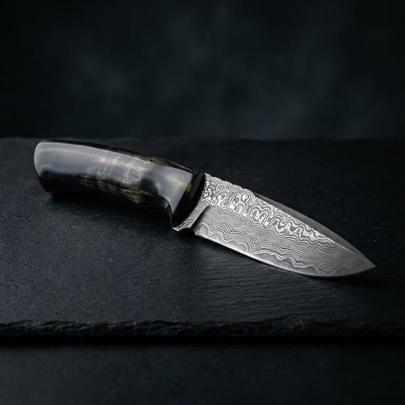 Perkin — Hand-Forged Damascus Hunting Knife Buffalo Horn Handle - 1