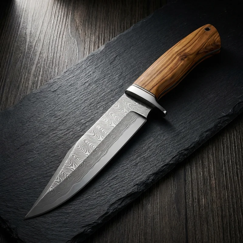 White Deer — 256-Layer Damascus Bowie Knife Olive Wood Handle - 1