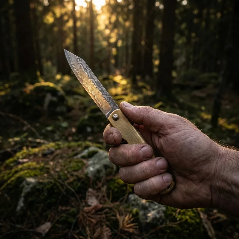 Nagao Seisakusho — Damascus Higonokami Knife VG-10 Core Brass Handle - 5