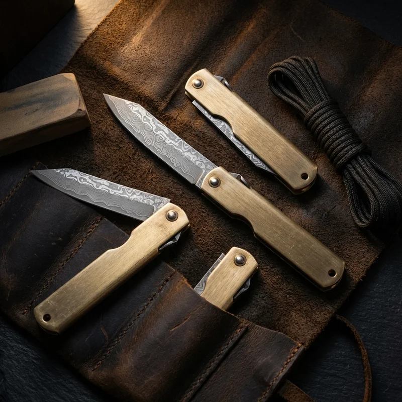 Nagao Seisakusho — Damascus Higonokami Knife VG-10 Core Brass Handle - 6