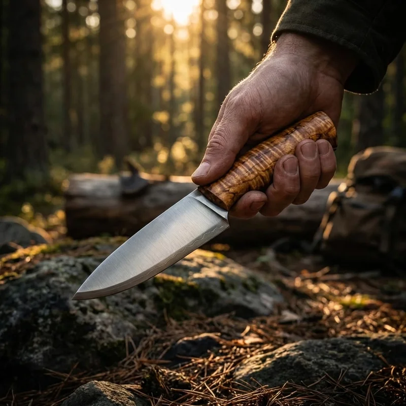 Helle Temagami — Triple Laminated Carbon Steel Hunting Knife Curly Birch Handle - 5