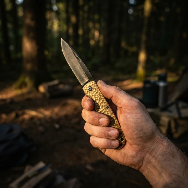 Higo Taka — Aogami Super Steel Japanese Friction Folder Hammered Brass Handle - 5